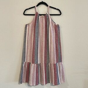 Rock & Indigo Women's Halter Midi Dress Small Red & Blue Striped Linen Longline